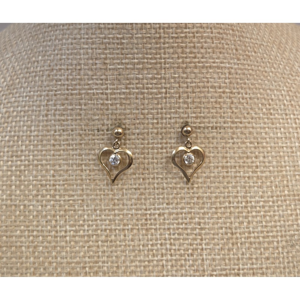 Vintage 14k Yellow Gold Dangling Heart Earrings Bezel Set Center Stone